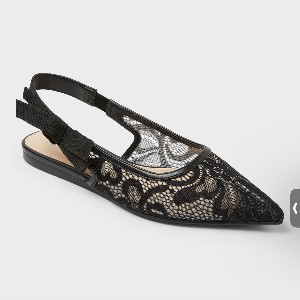 Women’s Lace Sling Back Bow Flat.   Black. 8.5